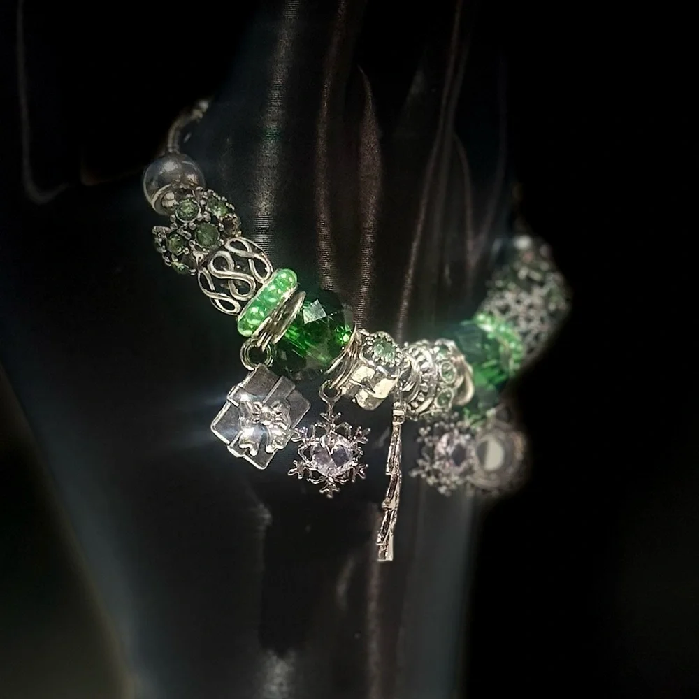 Elegant Silver and Green Charm Bracelet